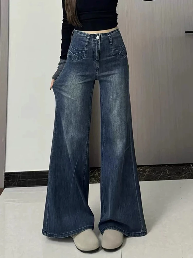 Y2K جينز عالي الخصر للنساء غير لاصق الساق مايكرو مضيئة فضفاض بنطال ذو قصة أرجل واسعة خريف جديد #3