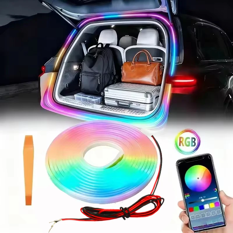 Novas luzes universais para porta-malas de carro com iluminação colorida, controle por aplicativo, luz ambiente LED RGB, luz decorativa.