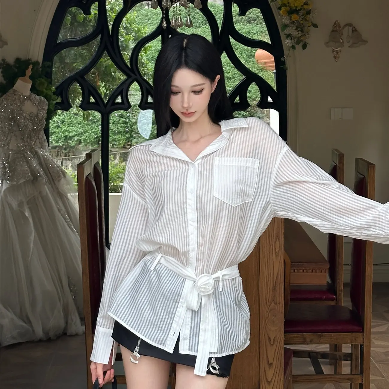 

Handmade Loose Long Sve Women's irt HYTE M Side Button Multi-Way Wear Micro-Transparent Stripes Sexy Sle Casual irt