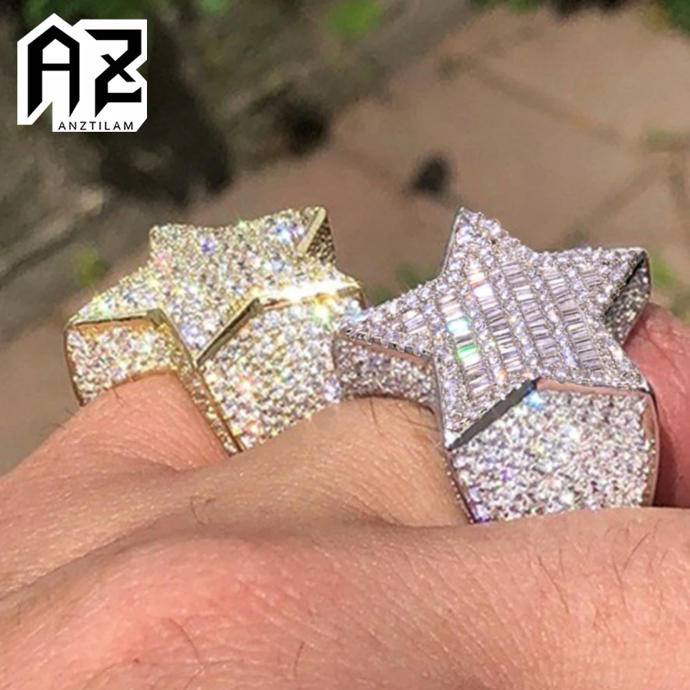 

AZ Five-Star Iced Out Rings Men's Gold Silver Color Bling Cubic Zirconia Jewelry Ring Gifts Couple Wedding Rings Women Jewelry