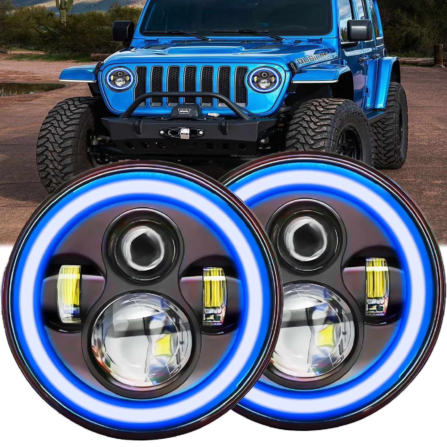 

7-дюймовые круглые красные светодиодные фонари с ангельскими глазками дальнего/ближнего света для мотоцикла Harley Davidson Jeep Off Road 4X4