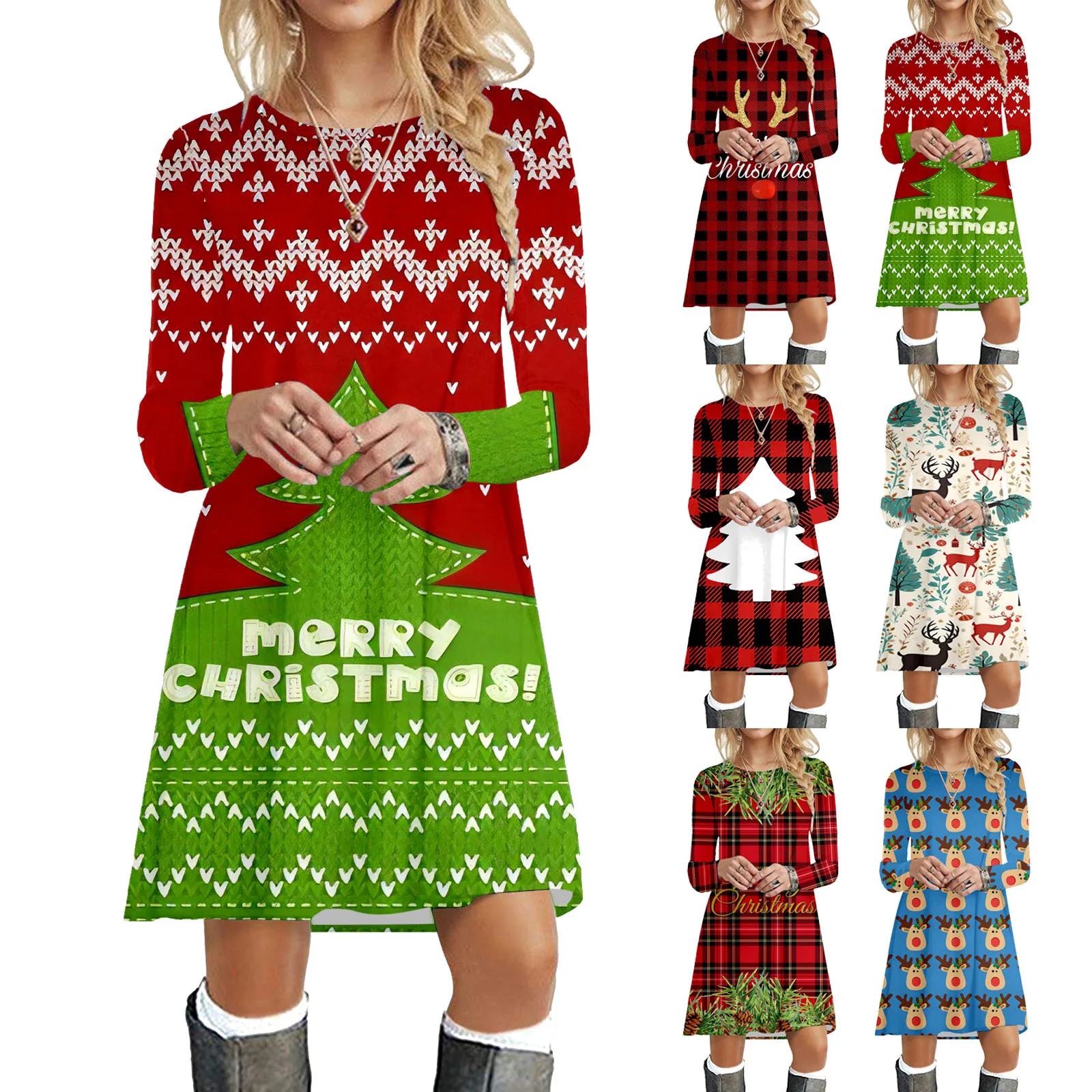 

Women Autumn And Winter Casual Fashion Christmas Printed Round Neck Long Summer Dresses Tunic Dresses for Summer