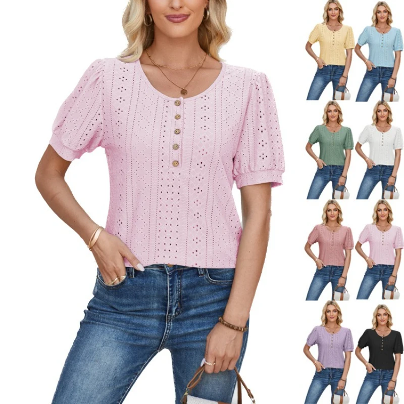 

Women's T-Shirt U-Neck Puff Short Sleeve Loose Fit Casual Tee Fashion Button Tops Lightweight Solid Color Hollow Pullover Blouse