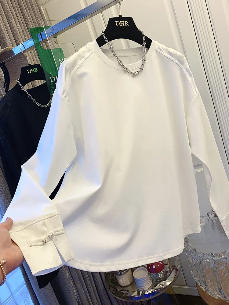 قميص نسائي فضفاض كبير الحجم 300 بو، بتطريز صيني جديد ورقعات، بأكمام طويلة، قطن نقي بلون واحد للربيع