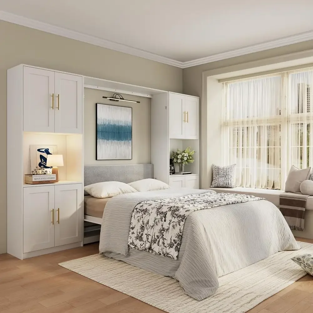 Bobve armhouse Murphy Bed Queen, 85" Wall Bed olds to Save Space, Concealed Bed e with 2 Storage Cabiand Wall Mounted eatures or