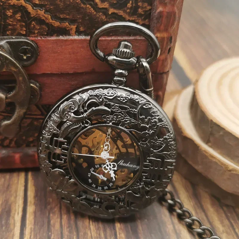 

Retro Hand Wind Mechanical Pocket Watch With Chain Steampunk Mens Hollow Skeleton Black Steel Fashion Pocket Fob Watch Gifts