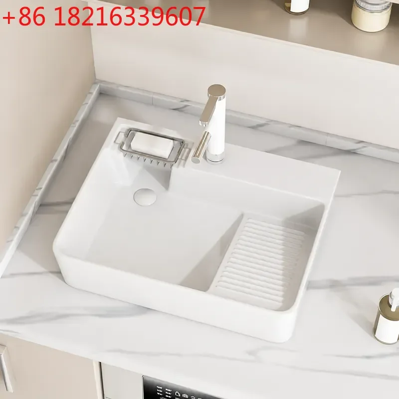 YAO Balcony Ceramic Laundry Basin with Rubbing Board Platform Single Sink Left or Right Drainage Slot for Washing Clothes