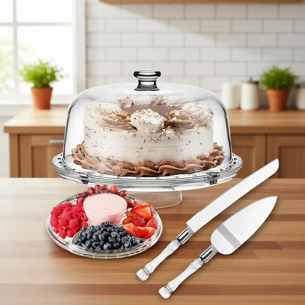 

Прозрачная акриловая подставка для торта с куполом, крышкой и лопаткой для подачи - 3-ярусная подставка для десертов с доской для закусок и подносом для еды