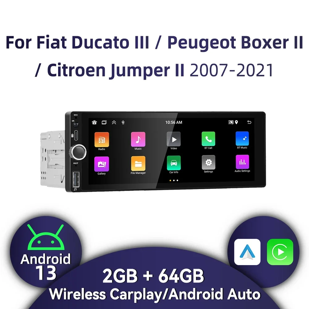 

Автомобильный радиоприемник 1 Din Android для Fiat Ducato III Peugeot Boxer II Citroen Jumper II 2007-2021, 6,86 дюйма, стерео экран Carplay, мультимедиа