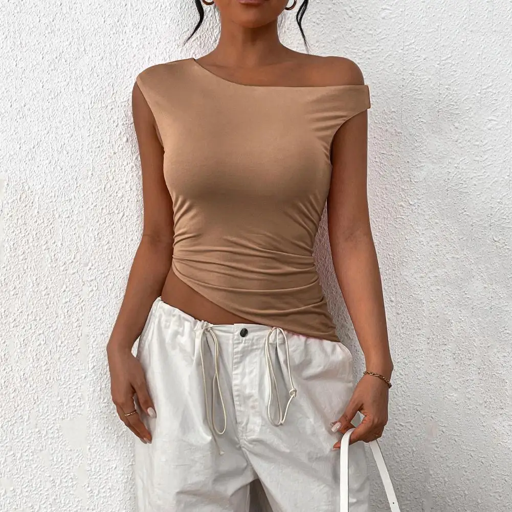 

Women Slim Fit Basic Slash Neck Tee Shirt Skinny Irregular Hem Elastic Sleeveless Tops Fashion Versatile Casual Undershirt Tops