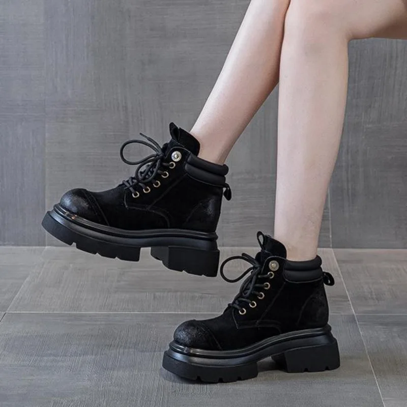 Fashion New Style Genuine leather Round Toe Casual Boots Fashion Women's Shoes 7CM Autumn Winter Add Cotton Lace-up Short Boots