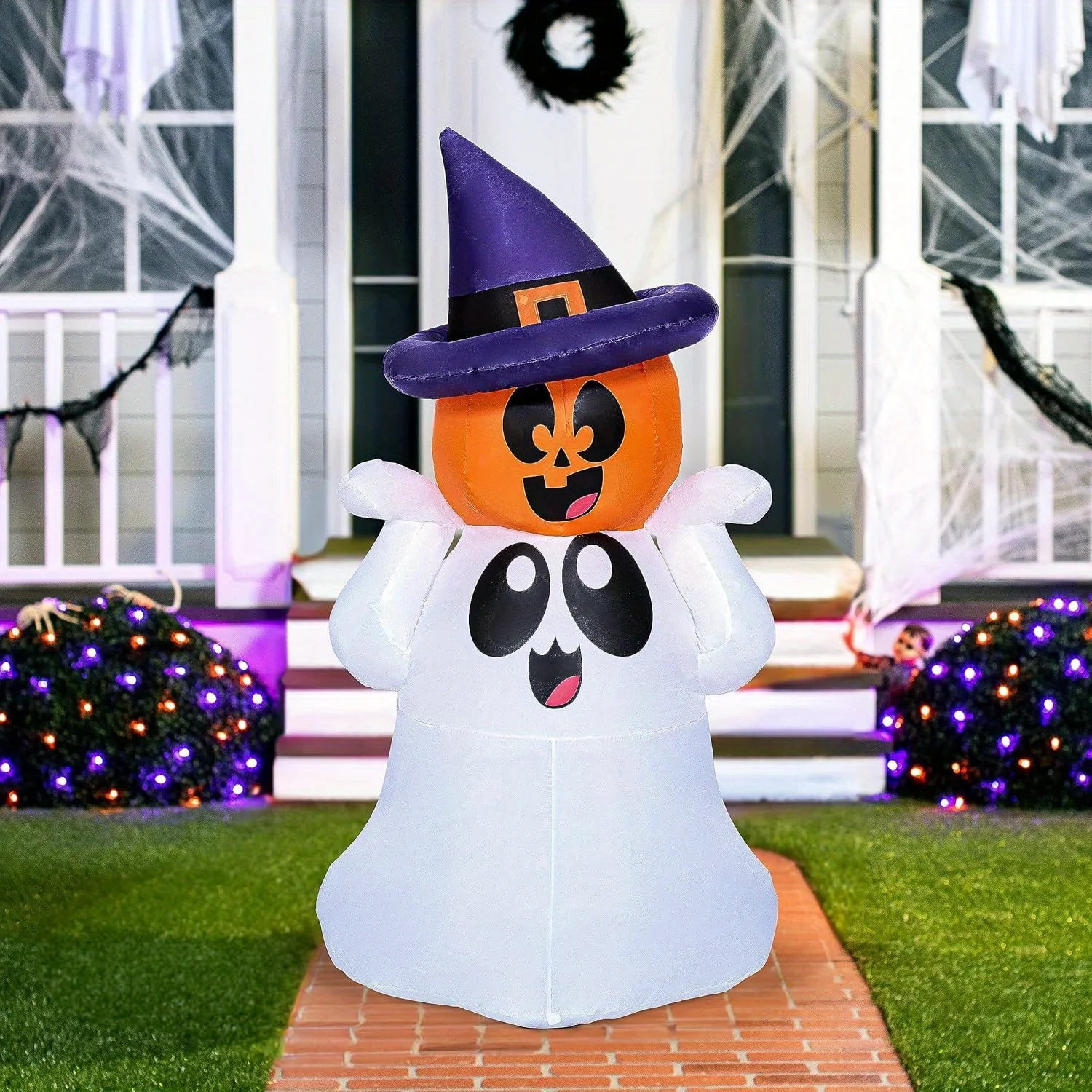 5 FT Tall Halloween Inflatable Outdoor Decor Blow Up Yard Decoration Ghost with Colorful LEDs Inflatable Ghost with Pumpkin Witch Hat for Outdoor Decoration