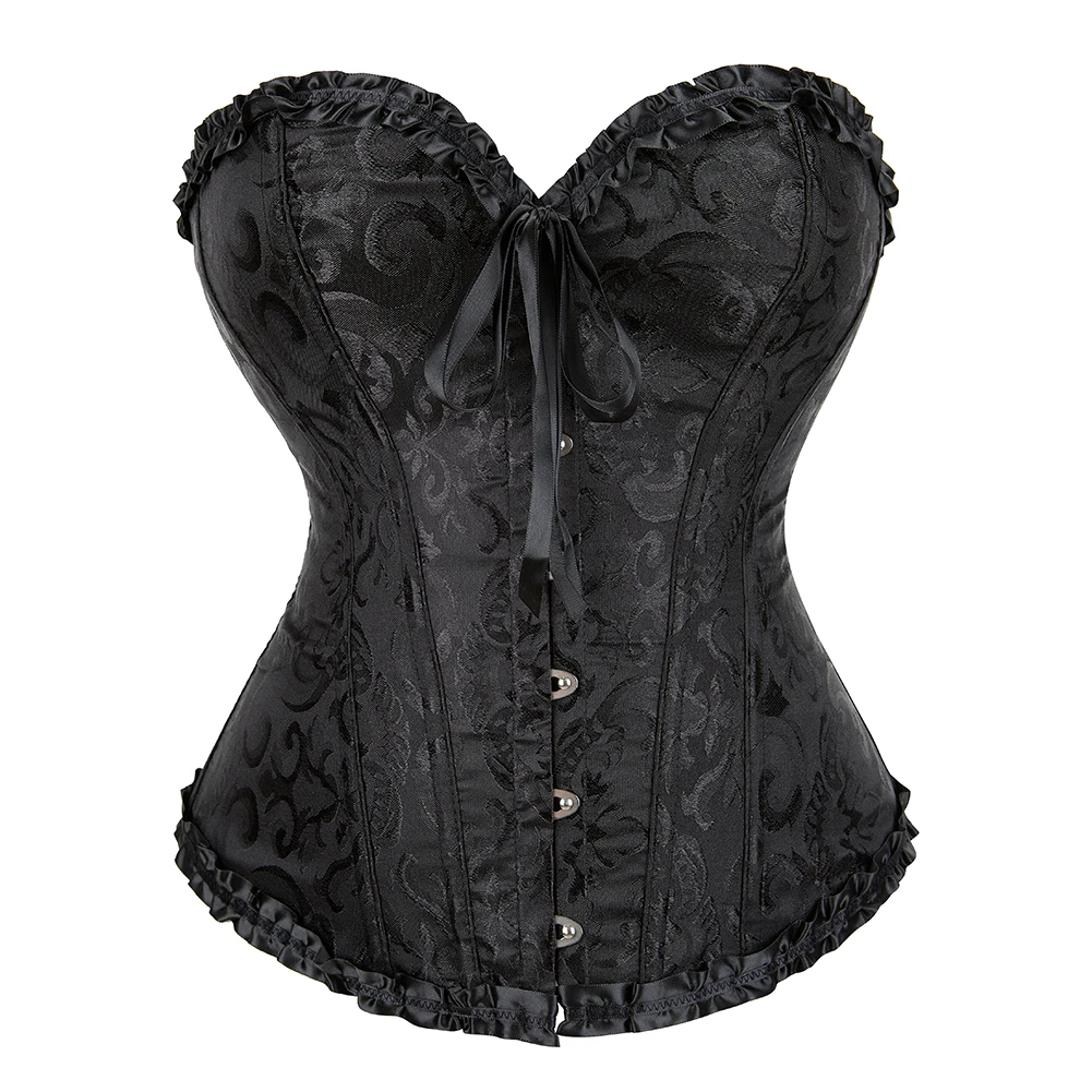 Jacquard Overbust Corset Floral Waist Bustier Top Basques Lace Up Boned Corselet Body Shaper Korset