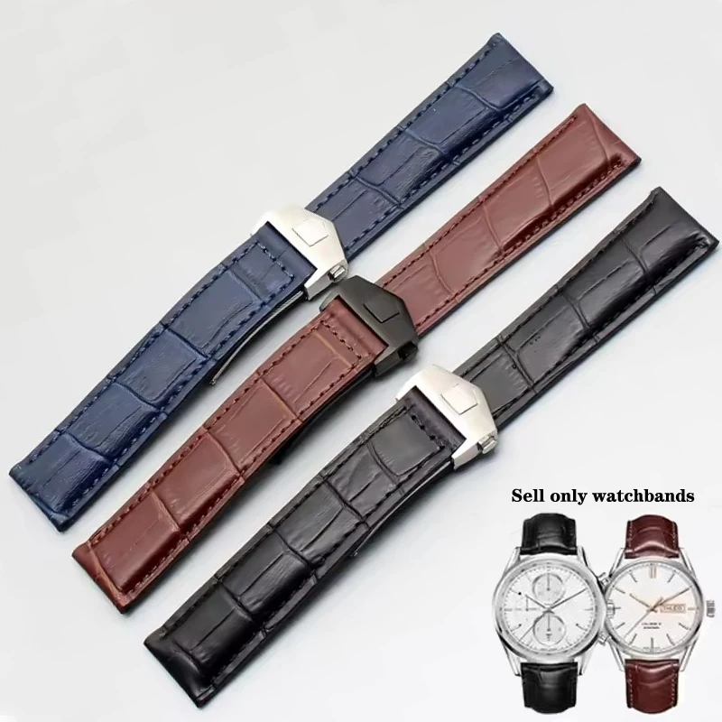 20mm 22mm 24mm Genuine Leather Watchbands for Tag Heuer Series Elastic Waterproof Cowhide Strap Folding Buckle