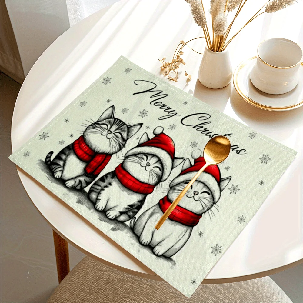 Christmas Hat Scarf Kitten Printed Placemats Heat Resistant Cute Xmas Table Decor Holiday Gathering Household Dining Gifts