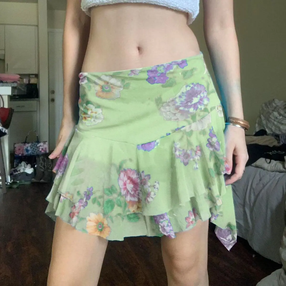 Small Fresh Printed Mesh Skirt for Women, Irregular Hem, Low Waist, Sexy Spicy Girl Short Skirt