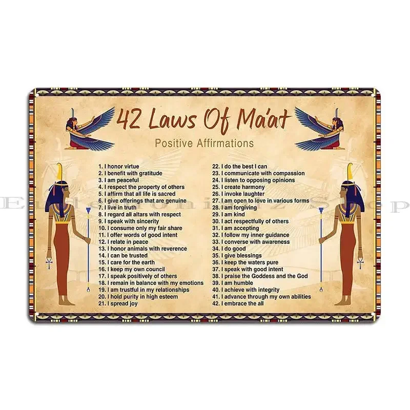 42 Laws Of Maat Positive Affirmations Metal Sign Painting Wall Cave Club Living Room Designer Tin Sign Poster