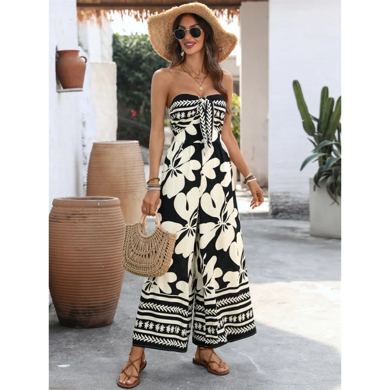 

Summer Women's Floral Print Strapl Bib Overalls Belted mid Waist Long Pants Cotton Blend Thin Wide Leg Jumpsuit
