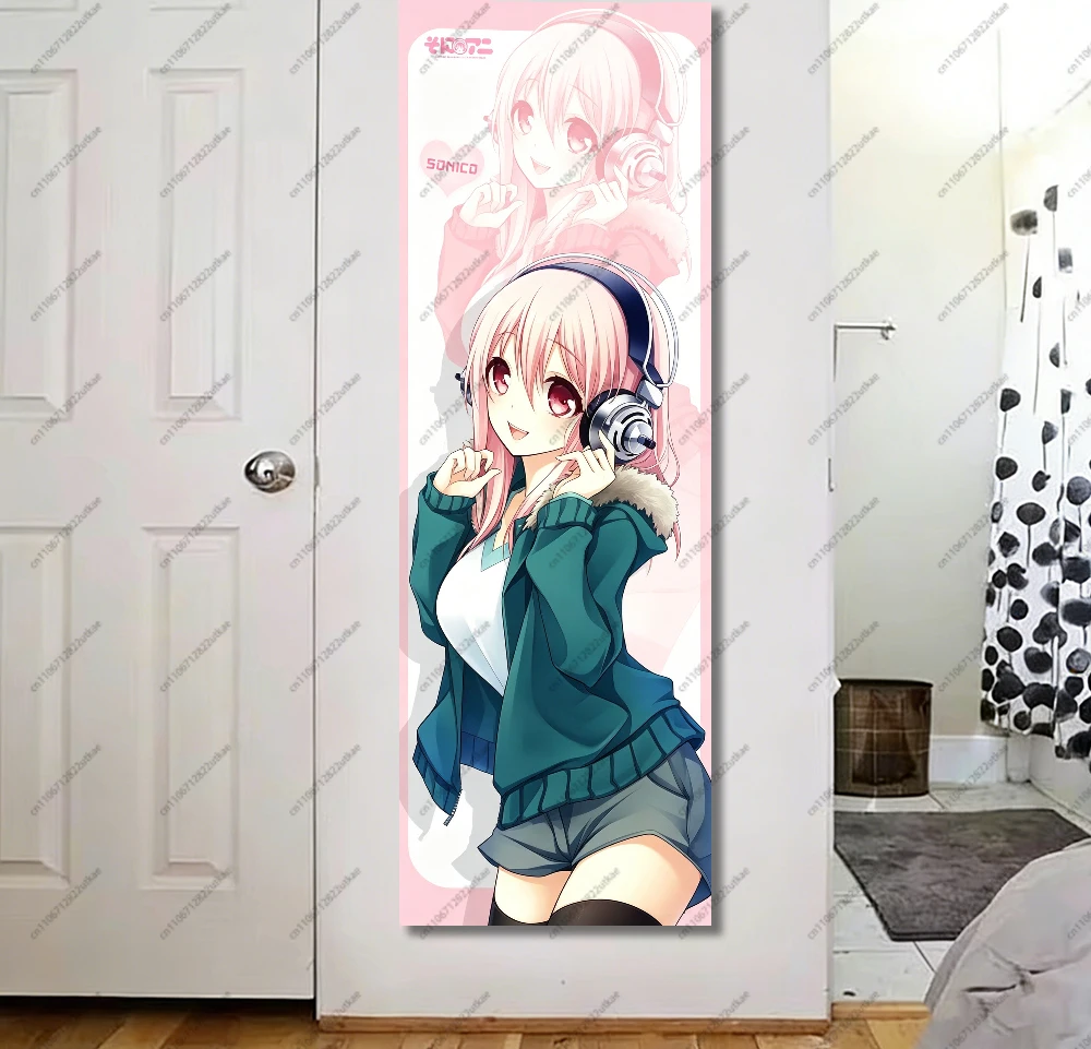 S-Super Sonico Long Wall Tapestry, Anime Girl with Headphones Print Fabric Hanging Poster for Bedroom Dorm