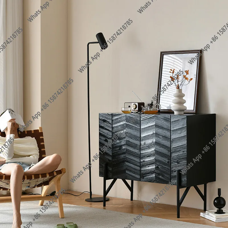 B Wabi-**** Black Side Cabinet French Retro Fish Bone Pattern Locker Nordic Modern Home Entrance Cabinet Side Cabinet