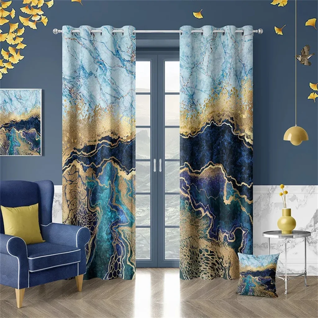 Luxury Marble Black Gold Blue Texture Curtain Modern Abstract Art Style Home Living Room Bedroom Balcony Decor Curtains