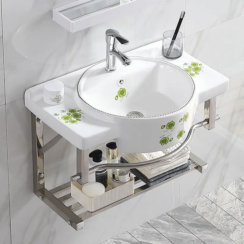 

Wall-mounted washbasin cabinet combination small apartment ceramic balcony bathroom stainless steel bracket washbasin
