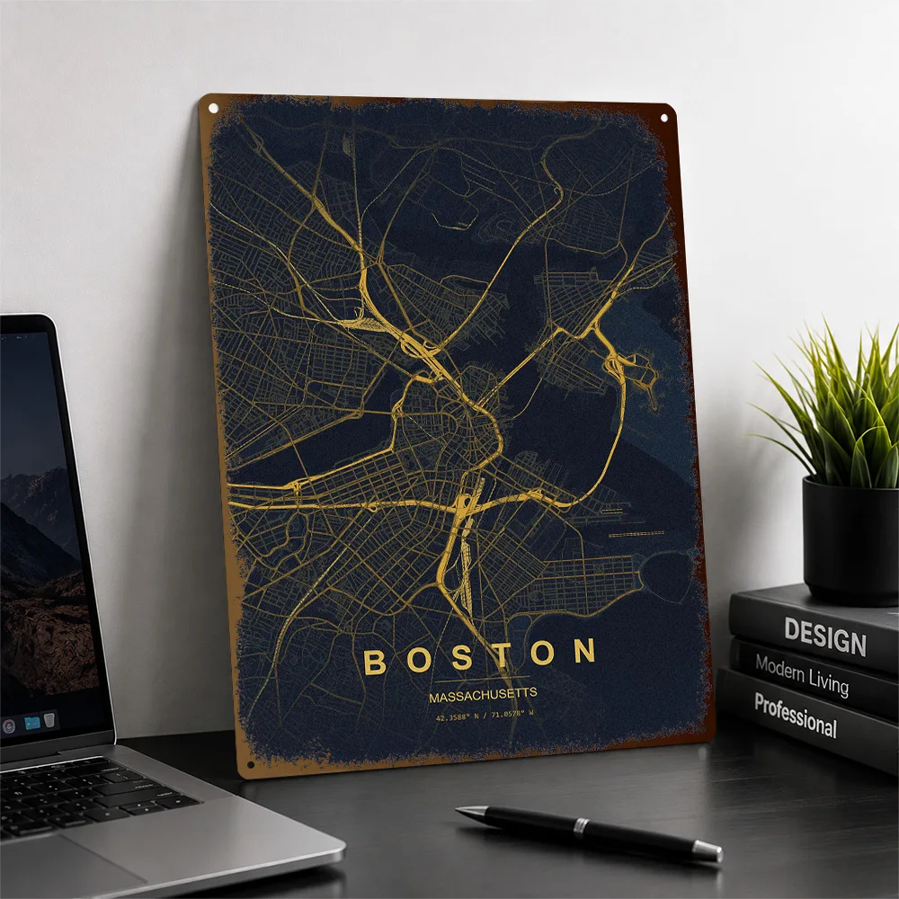 Minimalist Boston City Map Printed Poster Customized Metal Sign Midnight Street Design Wall Art Enhances Living Room And Study