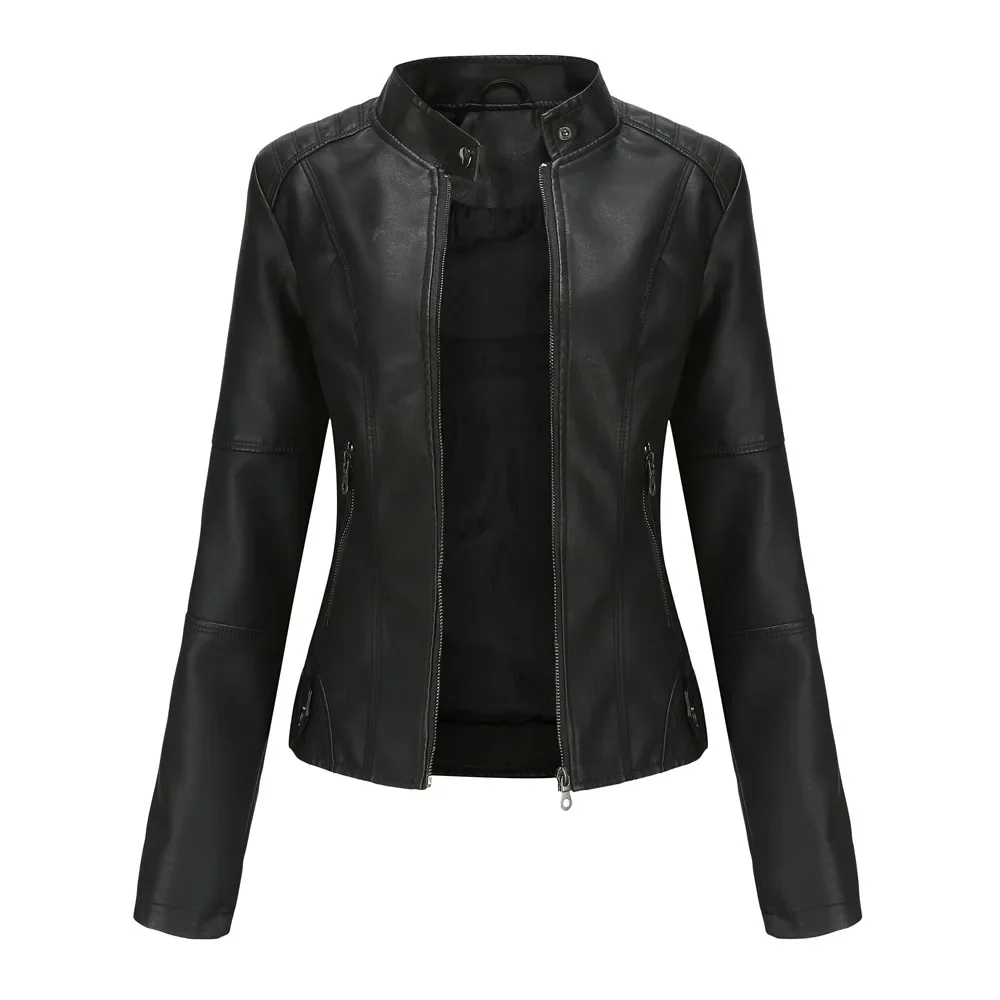 Chaqueta de cuero con cuello levantado para mujer, abrigo ajustado de manga larga con cremallera, cunas de empalme, informal, elegante, para otoño,