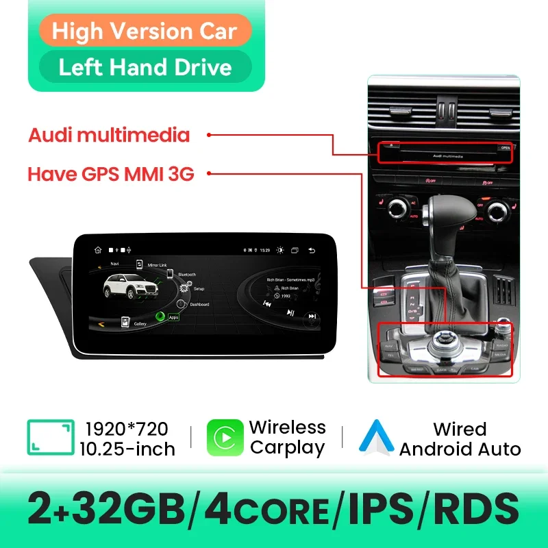 Draadloze Carplay Auto Multimedia Speler Voor Audi A4 B8 A5 2009-2017 Android 14 6 GB + 128 GB GPS Navi IPS Scherm 4G WIFI DSP AI Voice