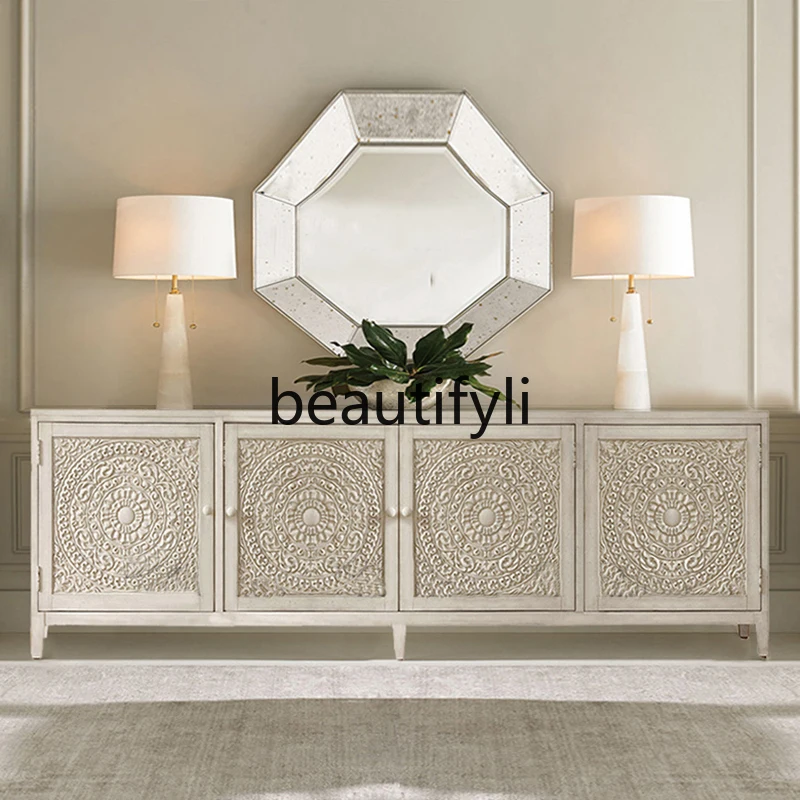 

American Style Light Luxury Retro White TV Cabinet Entryway Cabinet Solid Wood Sideboard Bedroom Carved Storage Cabinet