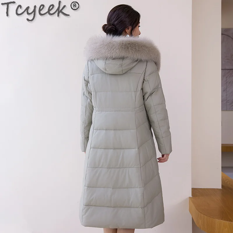 Tcyeek Winter Echtes Leder Jacke Frauen 2024 Warme Fuchs Pelz Kragen Lange Schaffell Mäntel Frau Kleidung 90% Weiße Ente Unten mantel