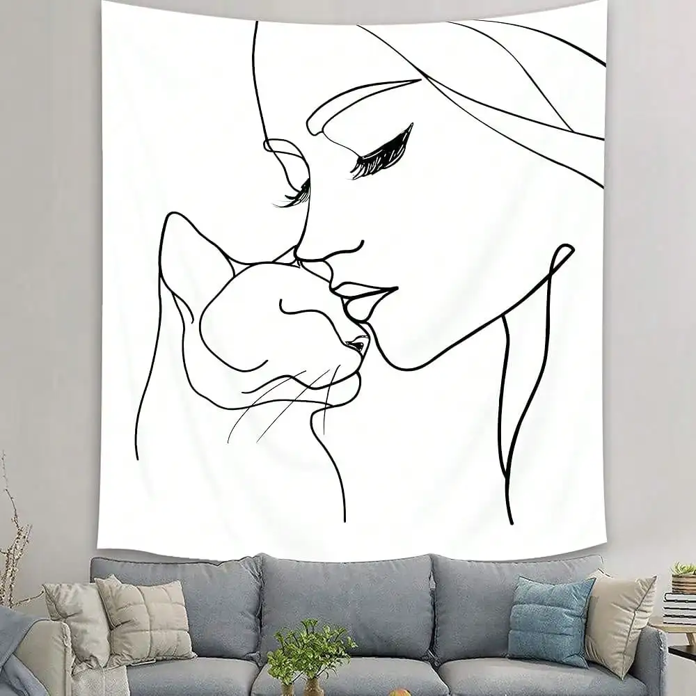 Minimalist Line Art Tapestry - Woman Kissing Cat, Black White Outline Wall Decor, Boho Bedroom Living Room, Multiple Sizes