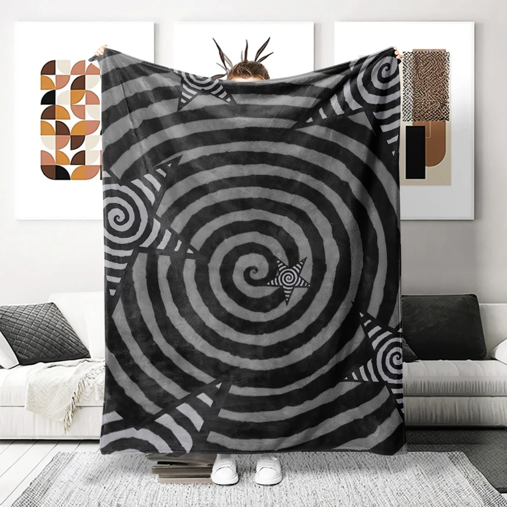 Black White Spiral Stars Lightweight Flannel Blanket Breathable Cozy Throw Blanket for Spring Summer Sofa Bed Air Conditioning