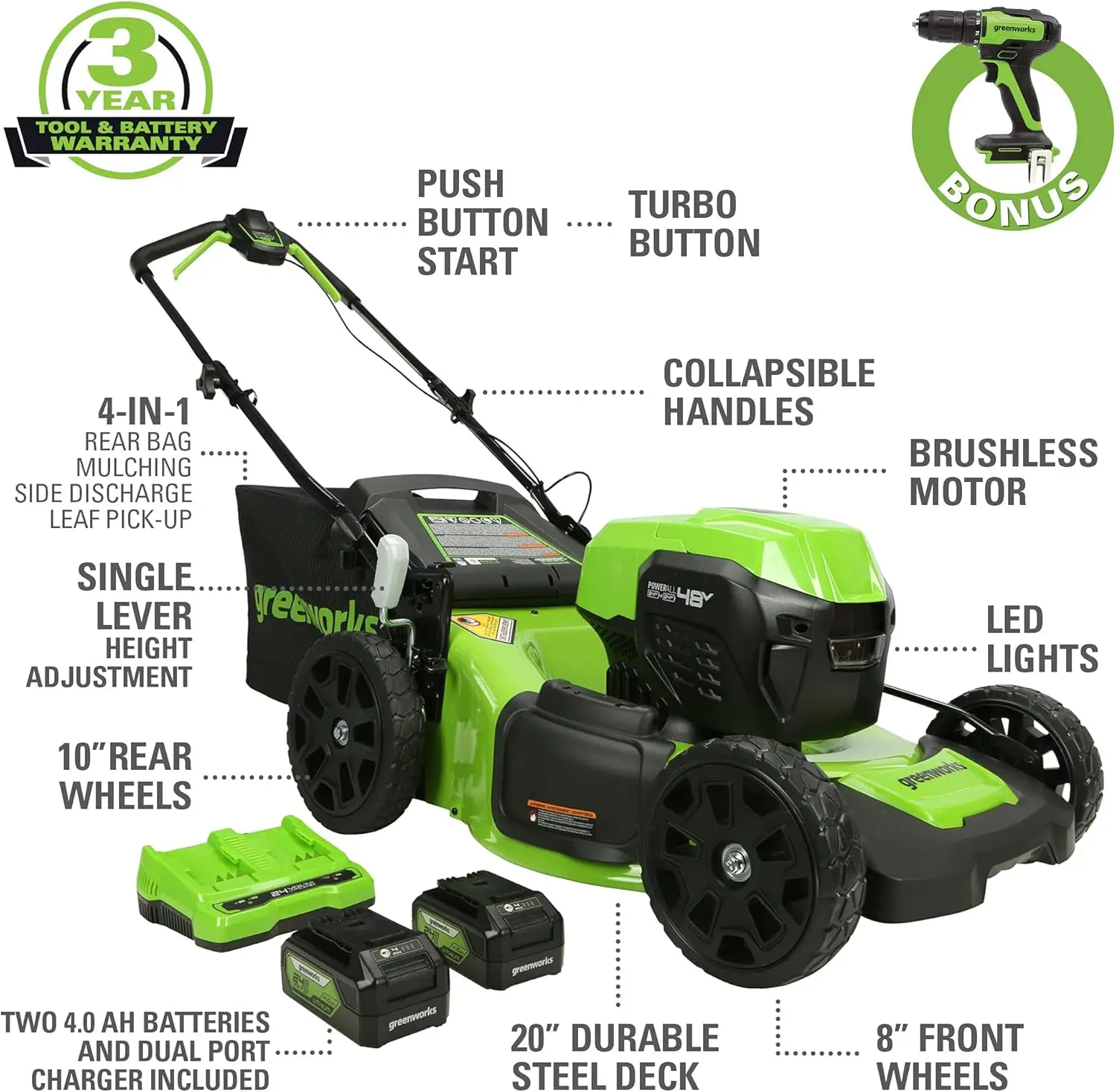 

Cordless Push Lawn Mower + 24V Brushless Drill / Driver, (2) 4.0Ah USB Batteries (USB Hub) and Dual Port Rapid Charger Included