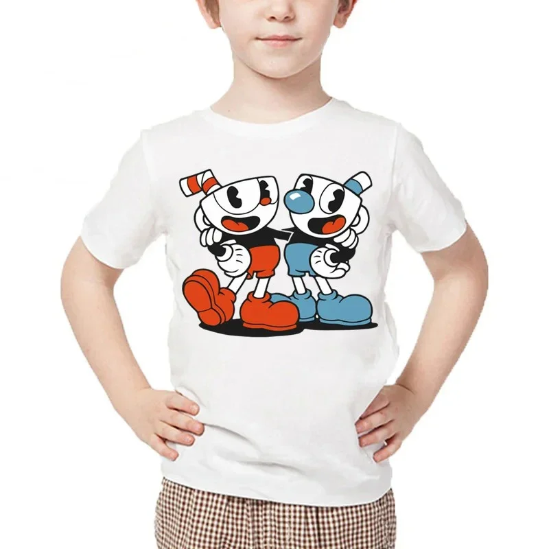 Kids Cartoon Cuphead Print T shirt Children Dabbing Cuphead Design Summer Tops Boys and Girls Casual White T-shirt