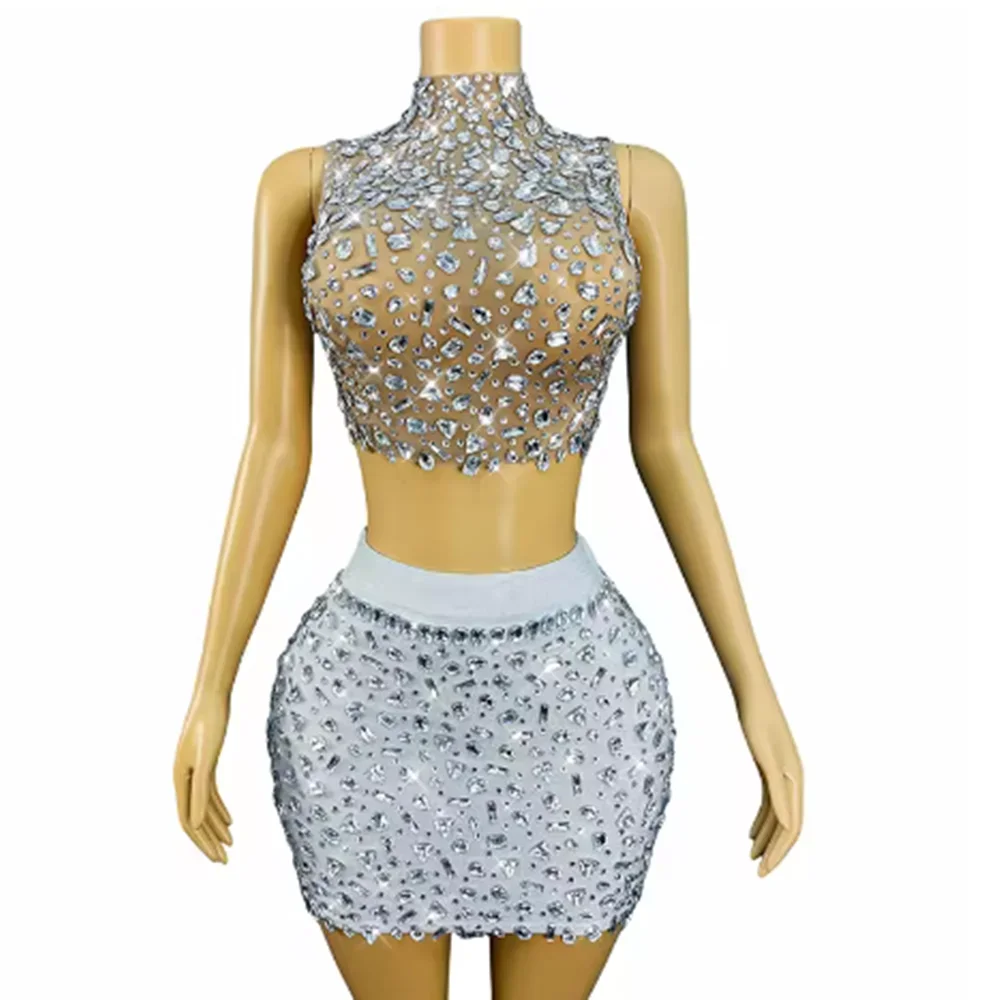 Femmes Rave Wear scène tenue Sexy Showgirl robe argent strass haut jupe ensemble discothèque Dancewear Festival fête costume