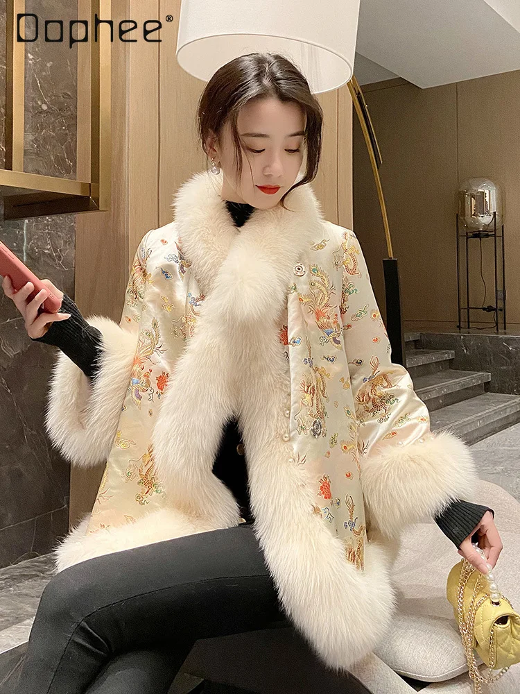 2023 Autumn and Winter New Imitation Fox Fur Stitching Long-Sleeved Cape Fur Coat Women Fashion Embroidery Beads Coat Female