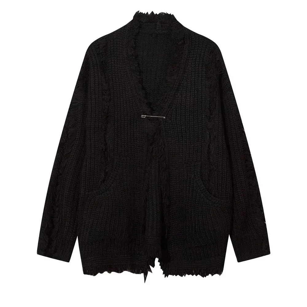 Y2k Mens Sweater Irregular Tassel Design Knitted Jacket Autumn Casual Versatile Atmosphere Solid Color Top Men\'s Clothing Unisex