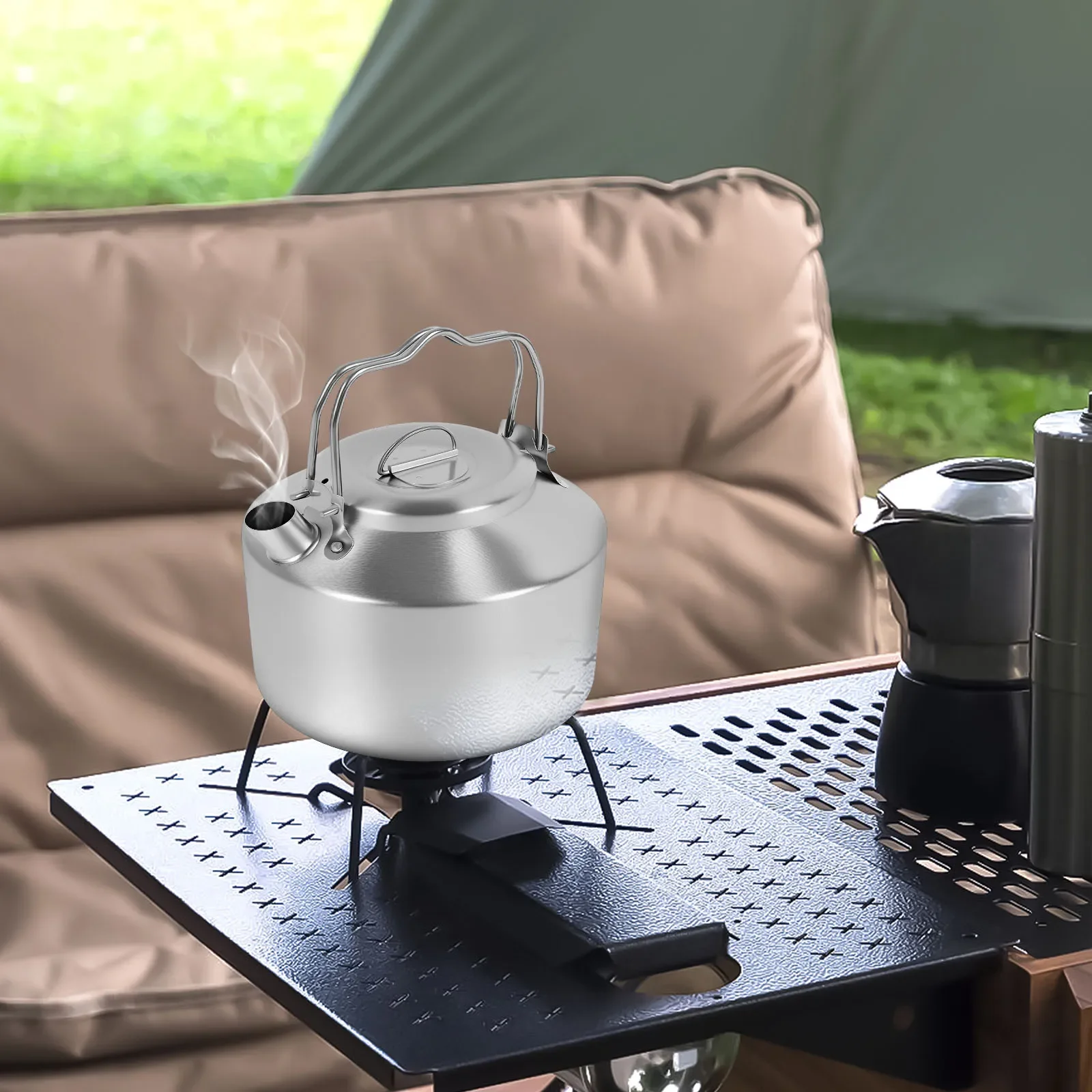 

Camping Kettle with Double Handle Stainless Steel Short Nozzle Design Portable Camp Tea Coffee Pot for Travel Outdoor Activity