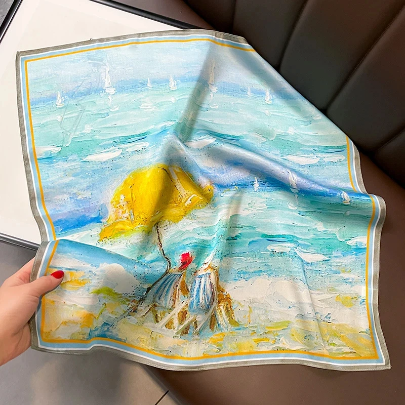 

100% Silk Scarf Women 2026 Luxury Brand Blue Sea Print Square Scarf Female Neckerchief Ladies Designer Accessories