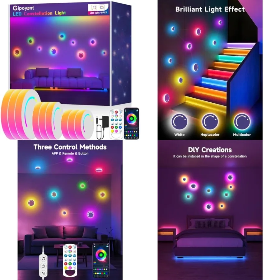 

Smart Wall Light, 9-Piece LED DIY Constellation Light, RGB Color Changing, Music Sync, App and Remote Control, Ambient Lighting