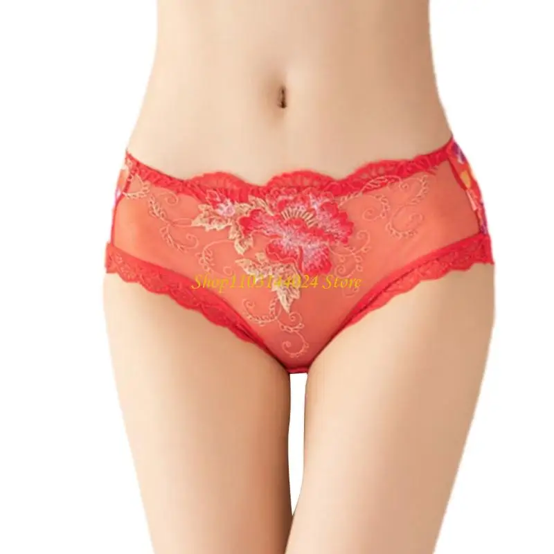 

N5KE Прозрачные сетчатые трусы для женщин, прозрачное нижнее белье с вышивкой и цветком, средняя талия, трусики-нижнее белье без