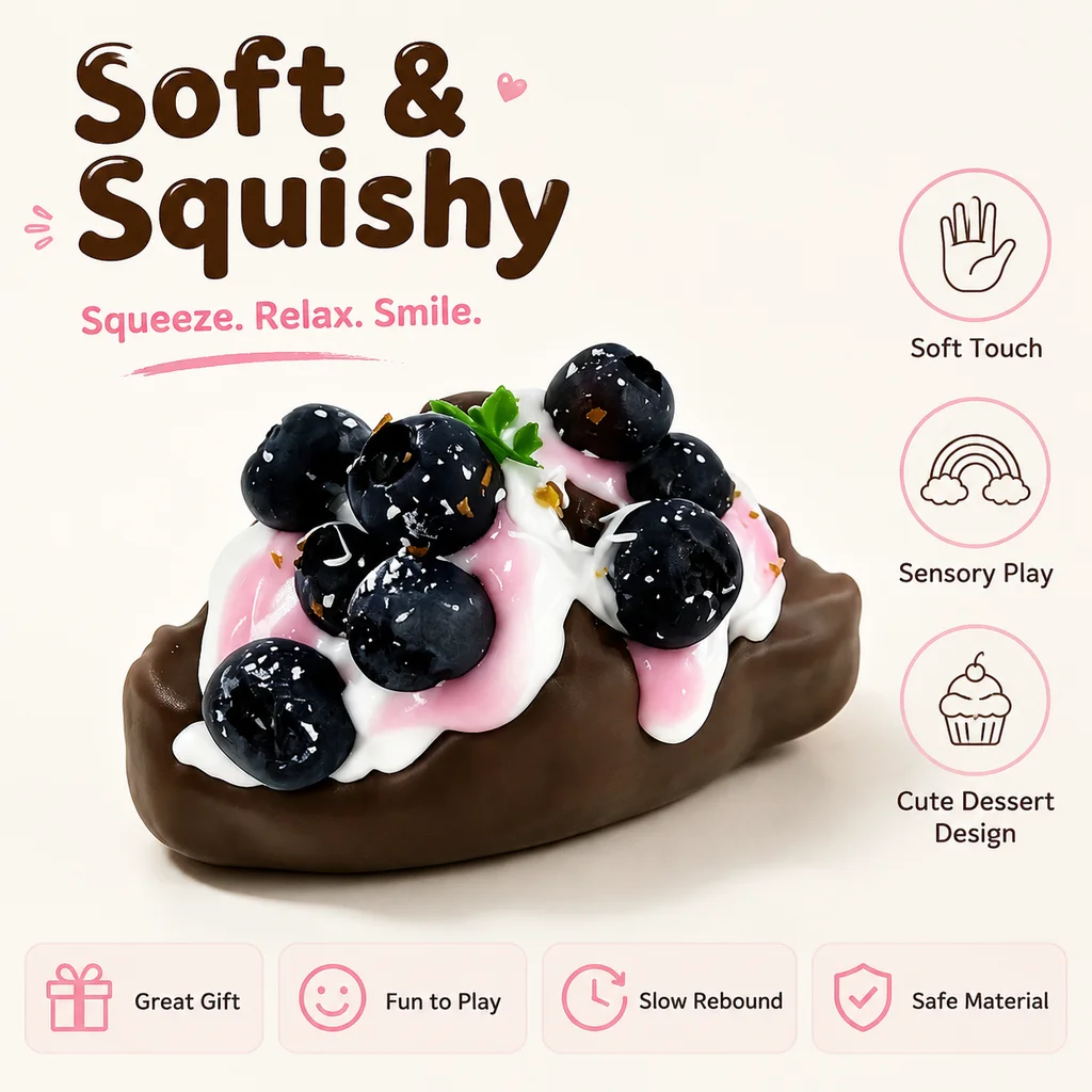 Kawaii Imitation Fruit Long Pastry Mochi Squishy Toy Food Grade Soft Silicone Blueberry Topping Cream Drip Ornament Squeeze Toy