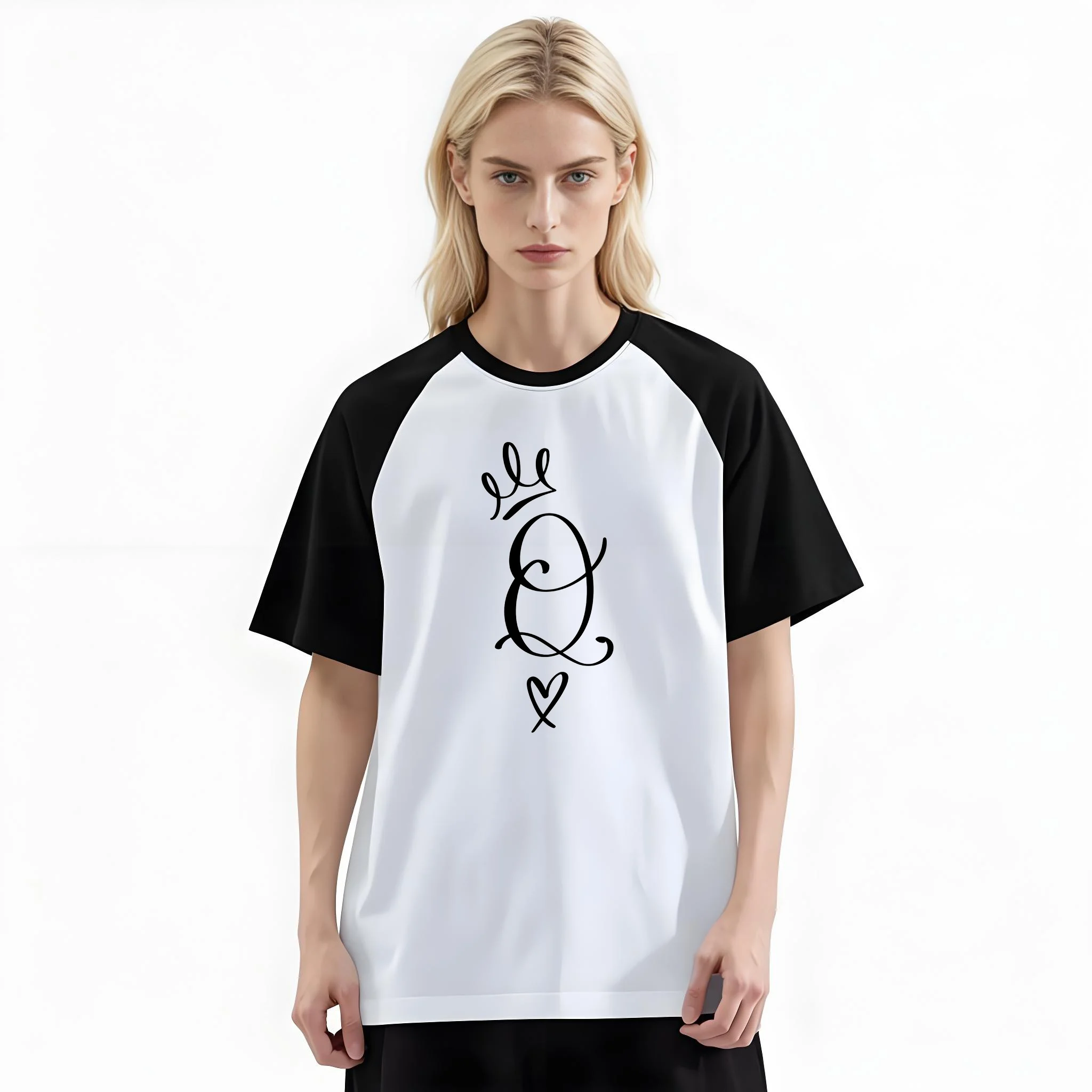 Women'S Fashion Raglan Sleeve T-Shirt, Crown Monogram Letter Q Printed, Summer Casual Comfortable Tee, Women'S Everyday Short-Sleeve Top