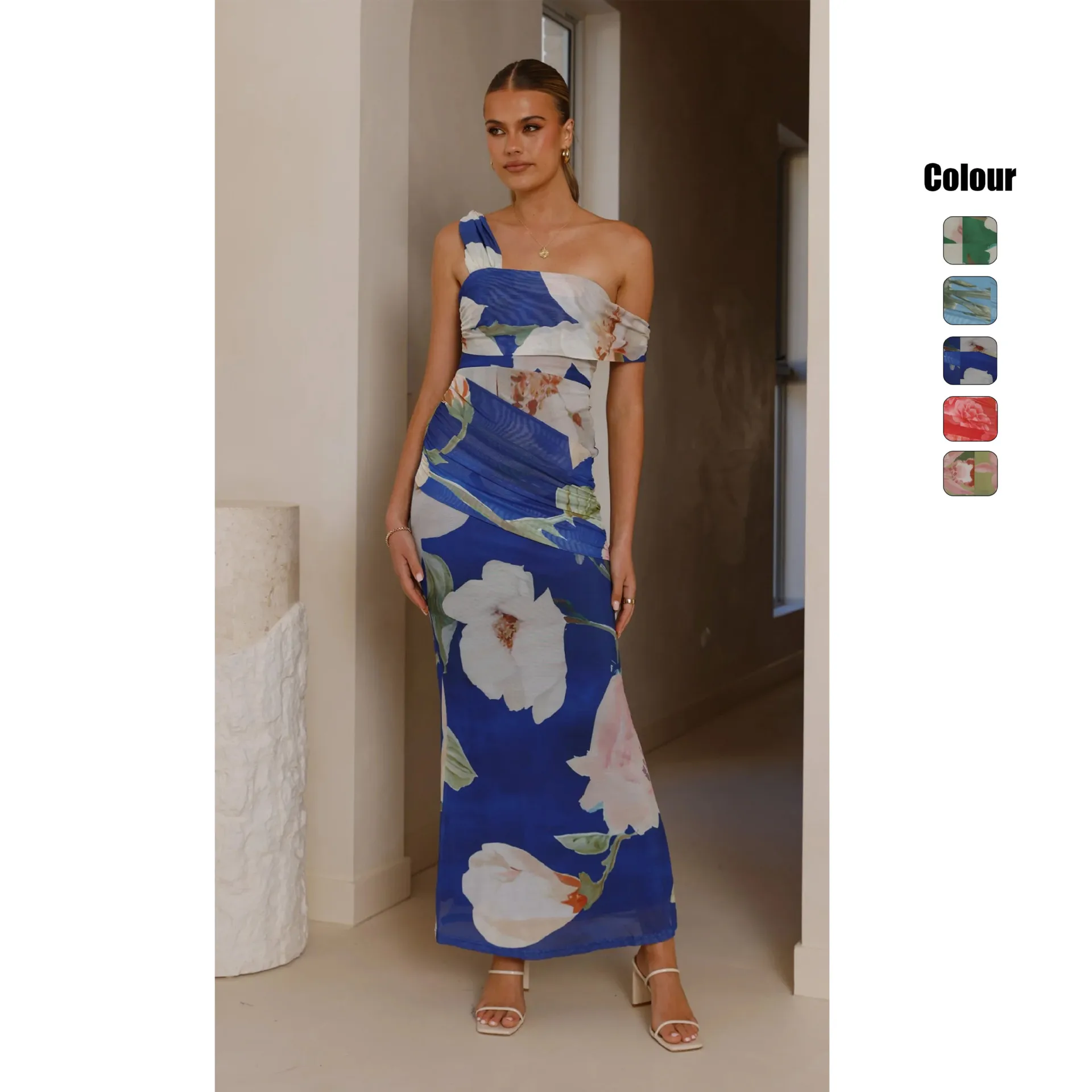 

Summer 2026 Slim Fit Printed Off-shoulder Bodycon Sexy Mesh Mid-length Dress 2673 Women's Formal Evening Gowns Clothes Maxi