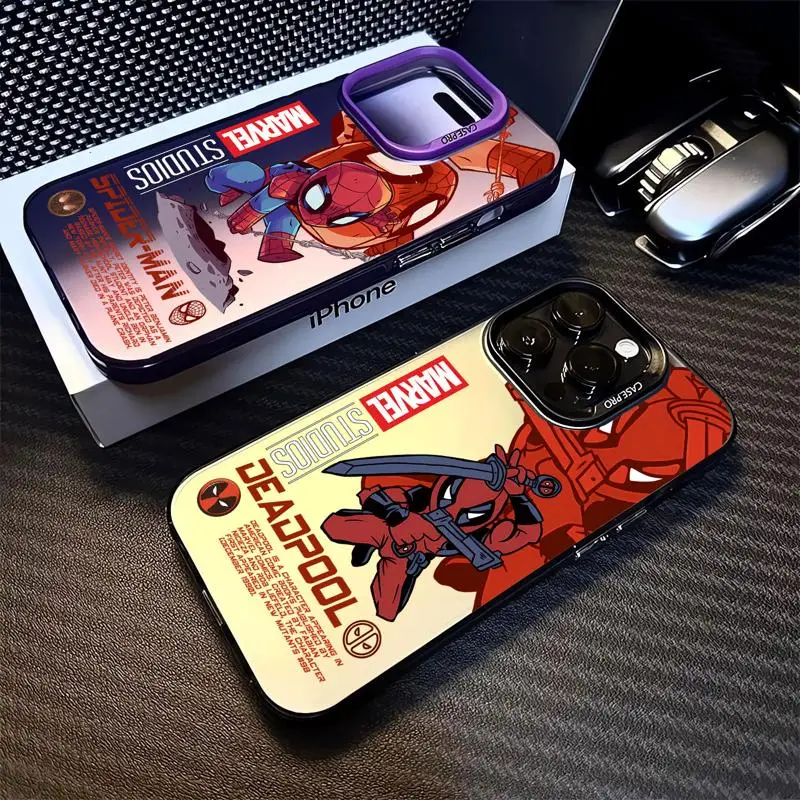 Marvel Spiderman Deadpool Matte Phone Case for Apple iPhone 15 pro Max 14 13 pro 12 11 15plus 14plus Colored Silver Back Cover