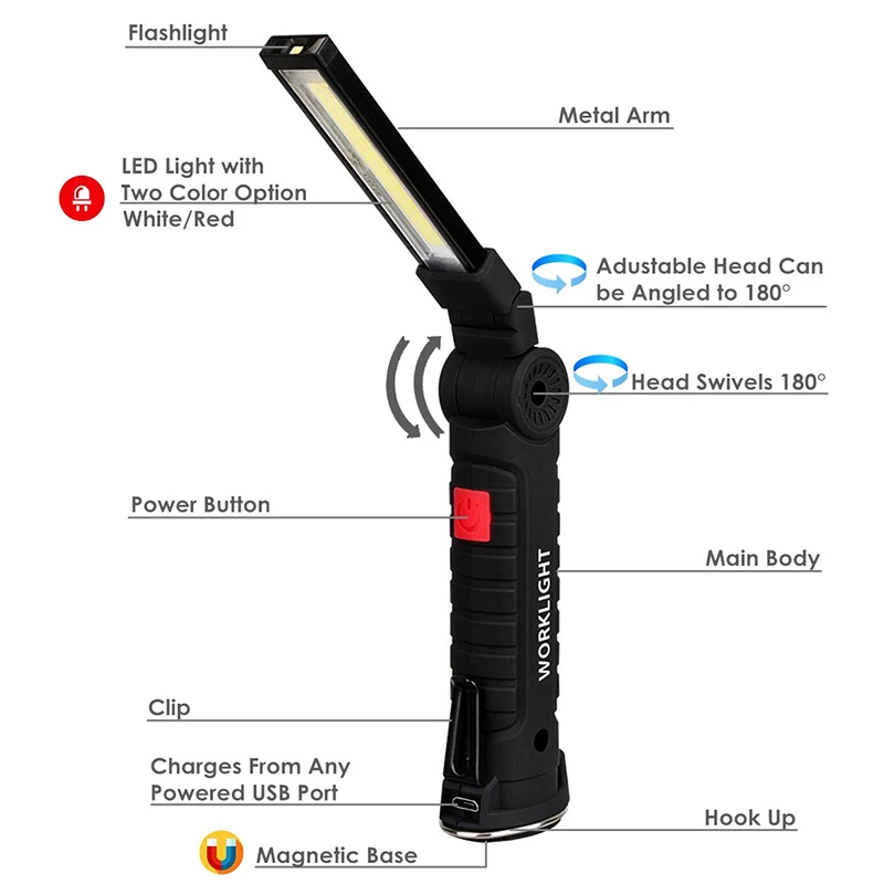 zk20 USB Rechargeable LED Flashlight Collapsible COB Portable Woring Light Magnetic Base Hook Inspection Repairing Camping Lamp