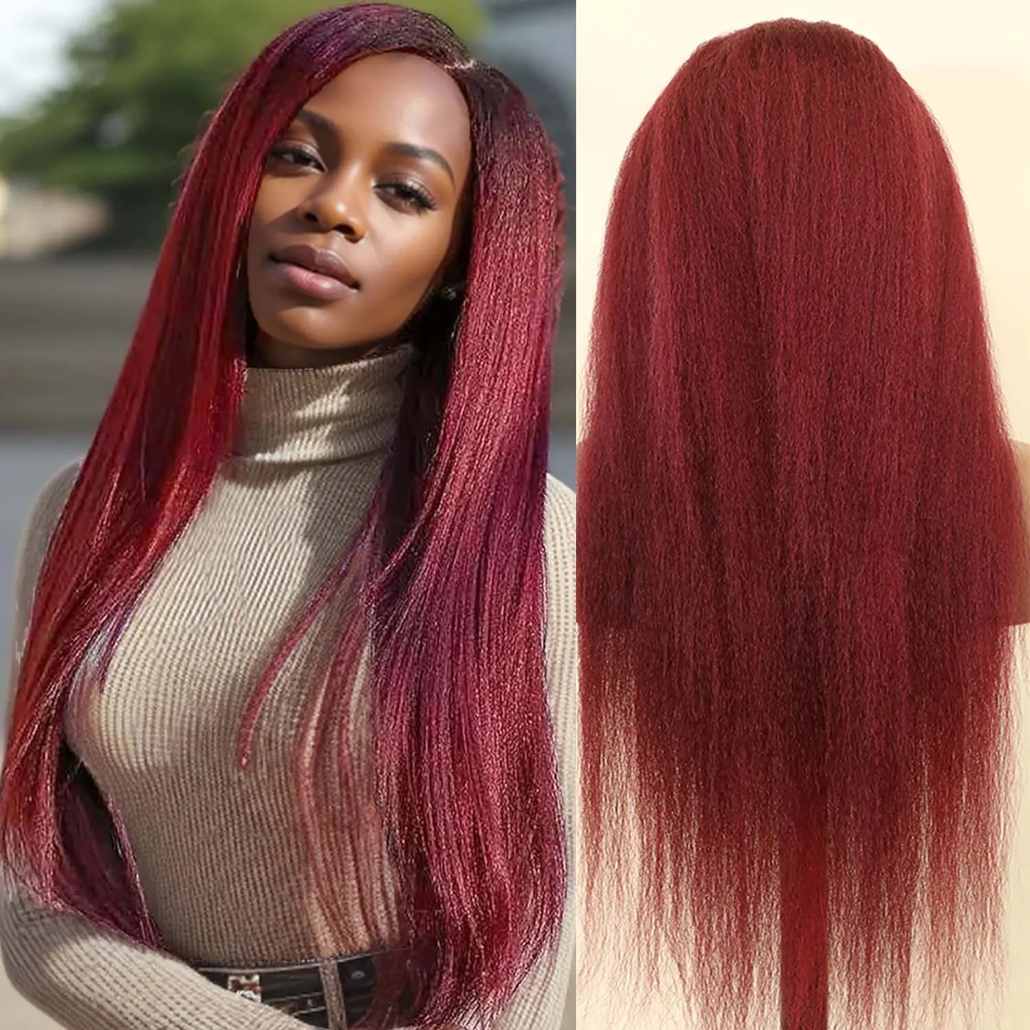 99J Kinky Straight 13x6 HD Lace Frontal Human Hair Wig Burgundy Red Colored Lace Front Wig For Women Yaki Straight Remy Wig 200%