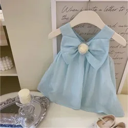 Girl Dress Summer Baby Girl Solid Color Three Dimensional Bow Color Flower Belt Beach Princess Dress