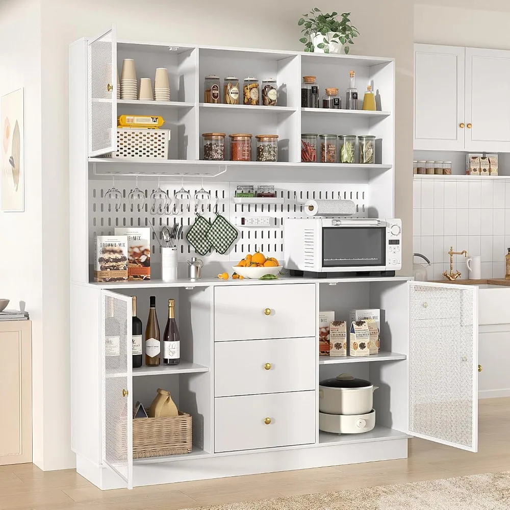 Large Kitchen Hutch Cabinet with 3 Metal Doors & Pegboard, Pantry Storage Cabinet with Cup Holder, (White),Kitchen Cabinets